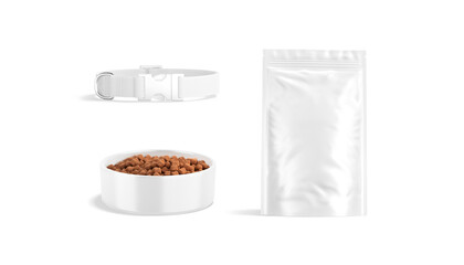Blank white dog collar and ceramic bowl with snack mockup