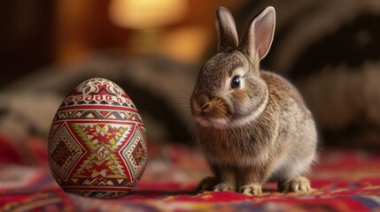 Fluffy big rabbit with brown fur standing near easter egg with colorful pattern with cozy room. Cute bunny staring at camera while standing at painting easter egg festival day in warming day. AIG42.