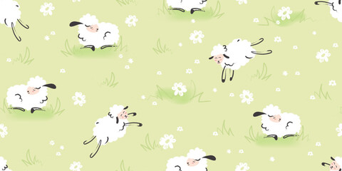 Seamless pattern of young lambs leaping in a field. Vector illustration