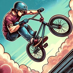 Naklejka premium Extreme sports competitions: athlete on a BMX bike performs a trick in a high jump