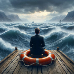 businessman sitting on a pier in a stormy sea