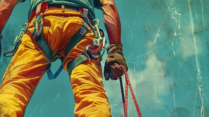 A vintage 1950s poster advertising the latest OSHAapproved fall arrest system, styled with vibrant colors and retro fonts, highlighting the load capacity and harness adjustments