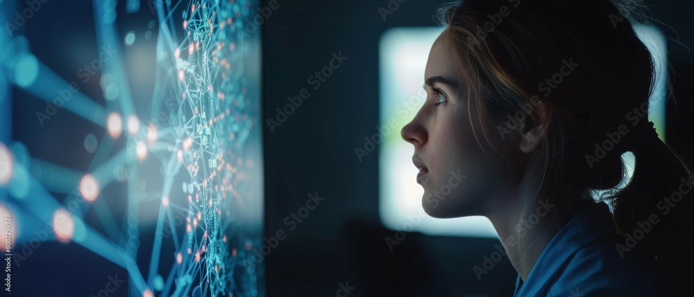 Poster young female professor explains big data and artificial intelligence research project with a screen 