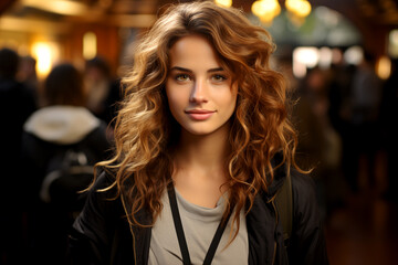 A woman with long brown hair is standing in a room with other people