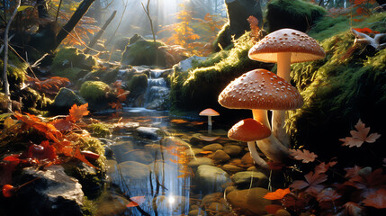 Agaricus mushrooms growing alongside a babbling brook with crystal clear waters, surrounded by autumn leaves.