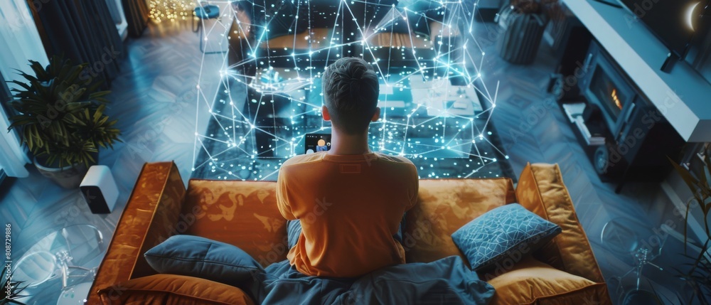 Poster a caucasian man sits on the couch in a loft apartment while connecting his smartphone to a convenien