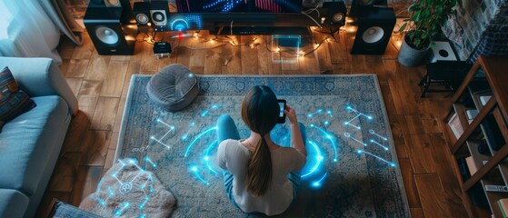 A Caucasian woman walks through a loft apartment with a laptop next to a TV and a speaker, while connecting her phone to a smart home system. VFX Edit Visualizing Connected Devices.