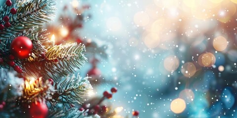 Close-up of frosted pine branch with red berries and golden pine cones, sparkling with bokeh lights in the background