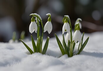 Clusters of delicate snowdrops peeking through snow, generative AI