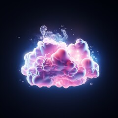 The image is a 3D rendering of a pink and blue cloud with a glowing light in the center. The cloud is surrounded by a dark background.