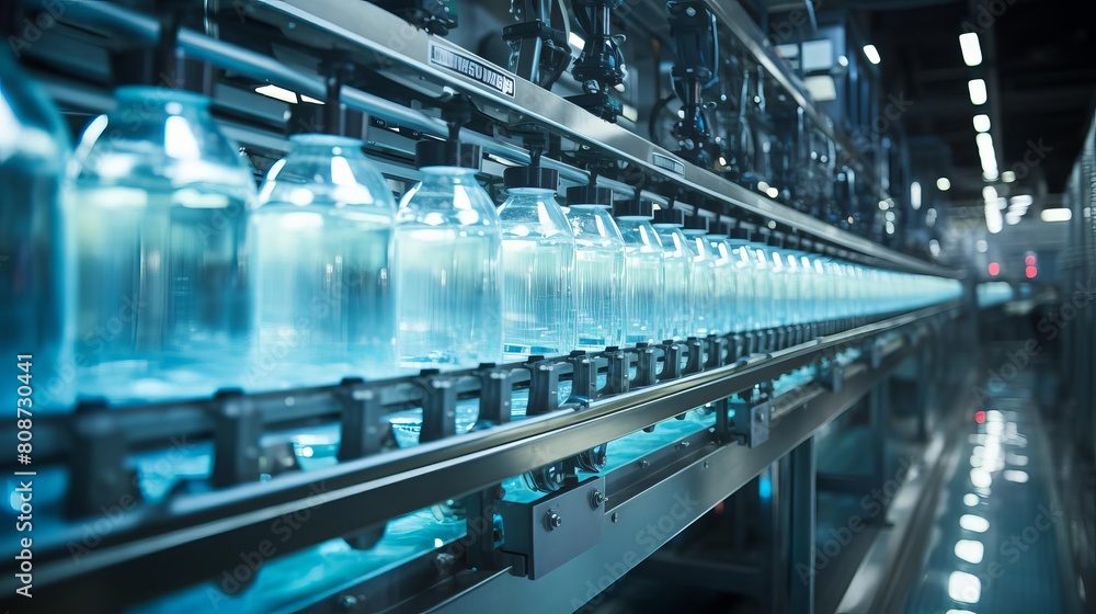 Poster a factory line of blue bottles with a blue light shining on them. the bottles are being made in a la