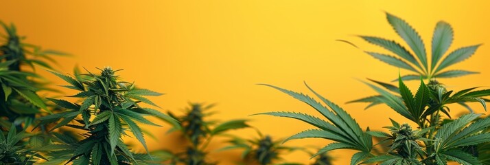 Vibrant cannabis plants against a bright yellow background in a panoramic view with copy space