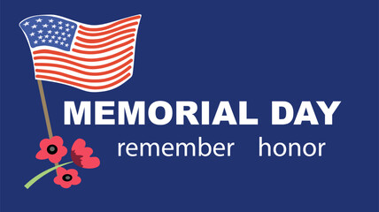 Memorial day   template. Commemorative tombstone with USA flag and red poppy flowers. Vector illustration for design national traditional holidays USA, Independence Day