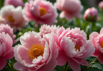 Pink peonies bursting open in a spring garden, generative AI