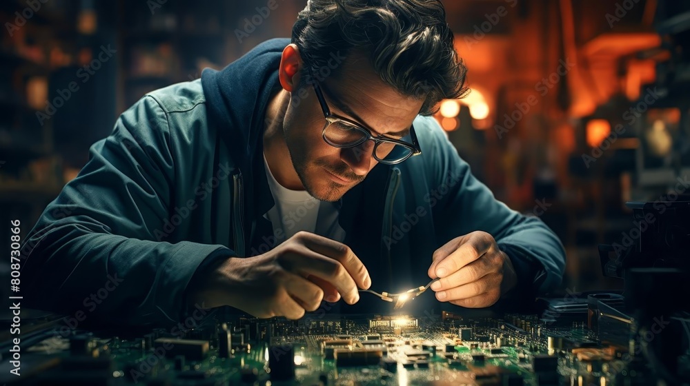 Aufkleber a man is working on a computer chip. he is wearing a blue jacket and glasses. concept of focus and c