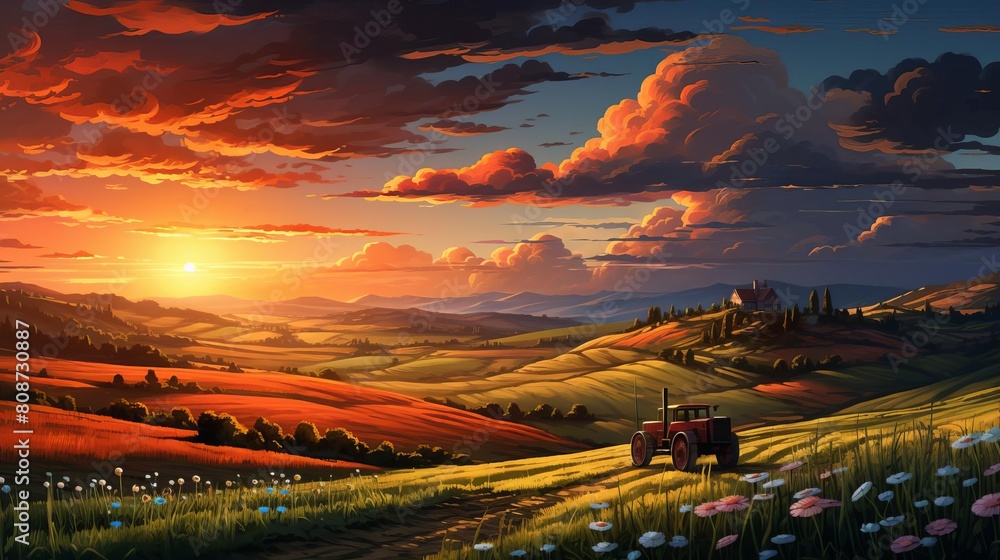 Poster a red tractor is driving down a road in a field with a sunset in the background. the sky is filled w
