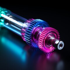 The image shows a close-up of a colorful mechanical device. The device consists of a series of gears and other mechanical components. The gears are made of different materials. - obrazy, fototapety, plakaty