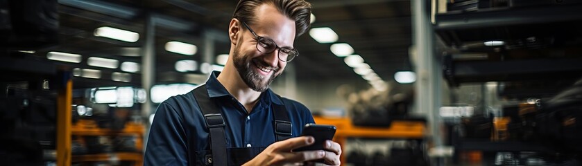 A man is smiling while looking at his cell phone. He is wearing a blue shirt and a harness