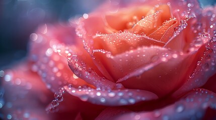 A macro photography scene capturing the moment fine pink dust particles settle on a dew-covered rose petal, highlighting the intricate textures and vibrant color contrasts.