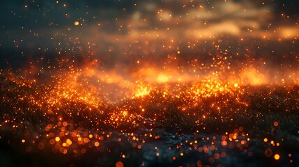 A metaphorical representation of an amber field where ideas or dreams are visualized as glowing embers, each one burning brightly and slowly fading into the amber background.