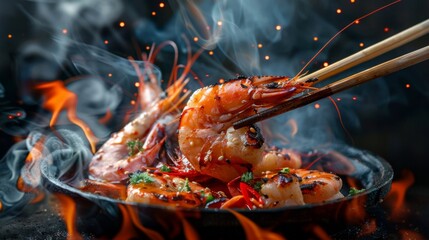 Grilled shrimps prawn with spicy ingredient with chopsticks and hot smoke in black background.