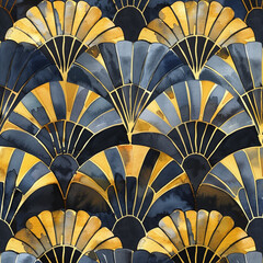 This art deco-inspired wallpaper pattern features symmetrical fan shapes in vibrant yellow and blue tones, reminiscent of the iconic style of the 1920s. The fan shapes are arranged in a symmetrical 