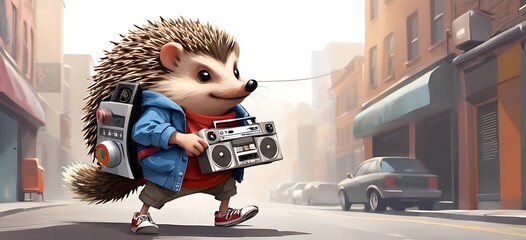 Hip-hop Hedgehog A hedgehog with a boombox strapped to its back, rolling through the streets with style.