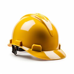Yellow hard hat, made of durable plastic, protects the head from injury.