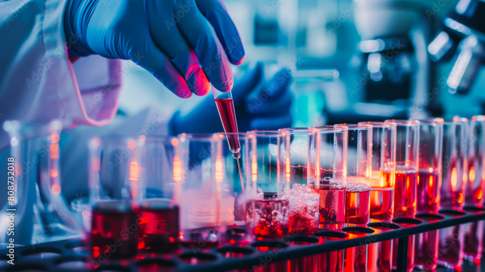 Poster scientists conduct experiments by holding a test tube with red liquid in their hands and adding from