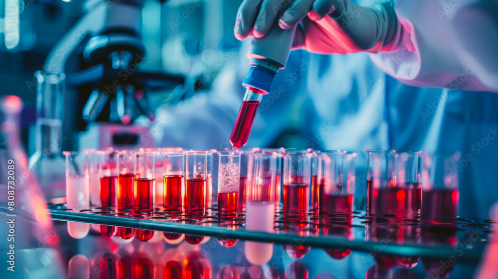 Poster scientists conduct experiments by holding a test tube with red liquid in their hands and adding from