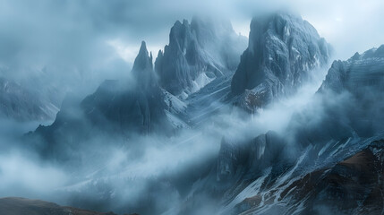 A photo featuring majestic mountains in a misty dawn. Highlighting the rugged peaks of the mountains, while surrounded by swirling clouds