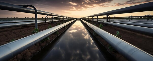 A long pipeline with a reflection of the sky in the water