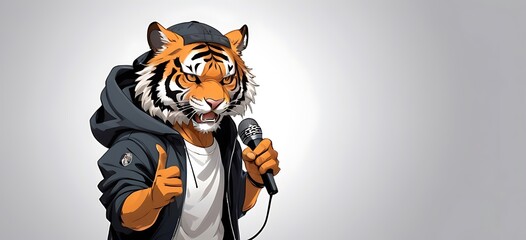 isolated on soft background with copy space MC Roar Tiger hold mike concept, illustration