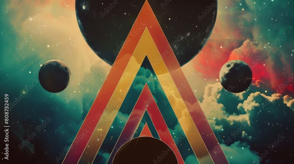 Poster abstract geometric background with triangles and planets in space