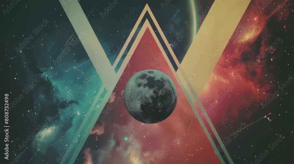 Poster abstract geometric background with triangles and planets in space
