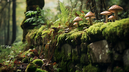 Agaricus mushrooms growing beside an old, moss-covered stone wall in a peaceful, overgrown garden. - Powered by Adobe