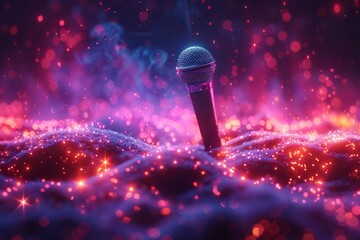 A modern microphone is surrounded by lots of reflective holographic lights, which have plenty of...