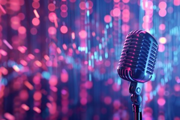 A modern microphone is surrounded by lots of reflective holographic lights, which have plenty of...