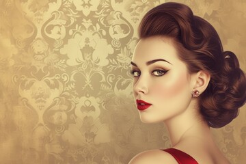 Sophisticated vintage beauty portrait showcasing elegant retro glamour. Classic hairstyle. And graceful femininity of a beautiful woman with chic red lips
