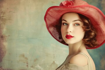 Portrait of a young woman with an elegant retro look wearing a wide-brimmed red hat