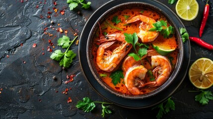 Fototapeta premium Hot and sour spicy shrimps prawns soup curry lemon lime galangal red chili straw mushroom on table food,