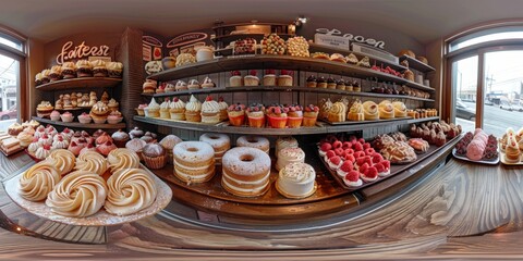 An immersive 360-degree equirectangular panorama of a decadent dessert buffet, featuring an...