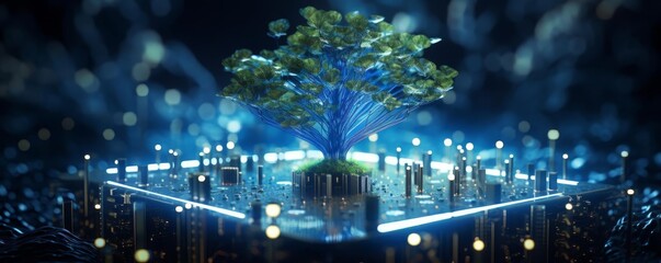 A tree is growing on a computer chip. The image has a futuristic and technological feel to it