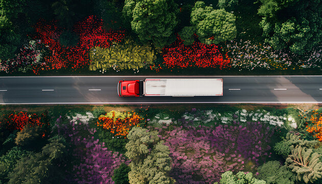 truck with a semi-trailer cargo drives along the road through flowering gardens, top view