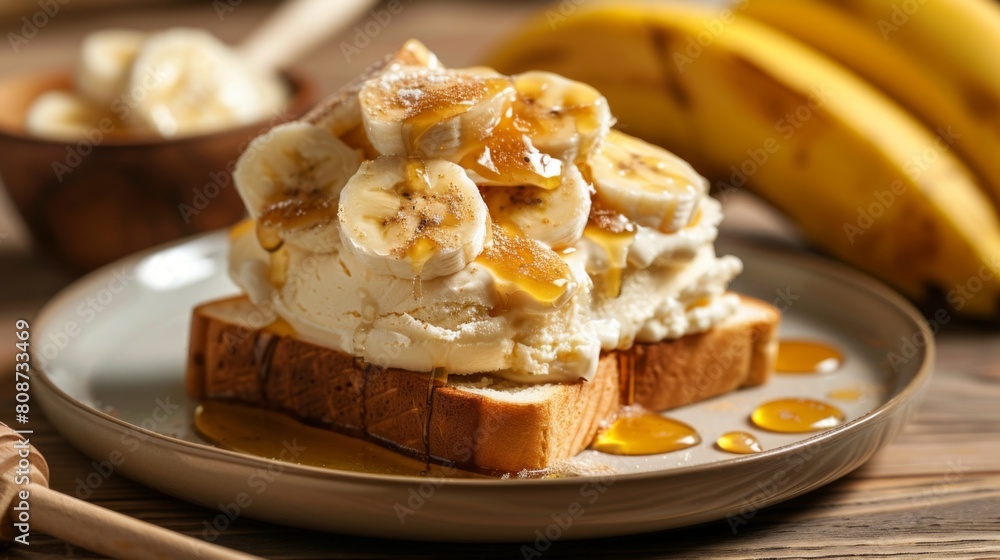 Poster ice cream on honey toast and banana
