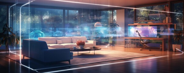 A futuristic living room with a white couch and a coffee table. The room is illuminated by a blue light, giving it a futuristic and modern feel