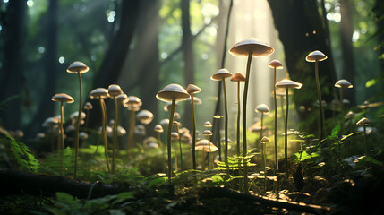 Agaricus mushrooms growing in a tranquil bamboo forest, with soft light filtering through the tall stalks.