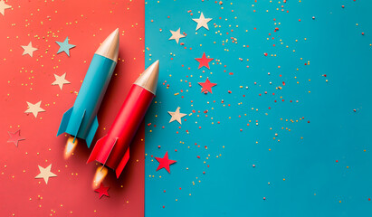 Toy rockets on a red and blue background with stars, festive and playful design. Copy space.