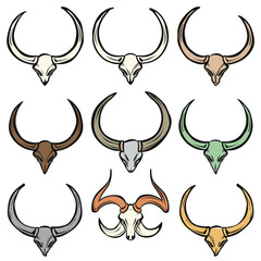 Set bull skulls various colors, horned animal, skull illustrations. Collection bovine skulls, color variations, western theme graphics. Decorative skulls tattoo apparel design, colorful cow skulls