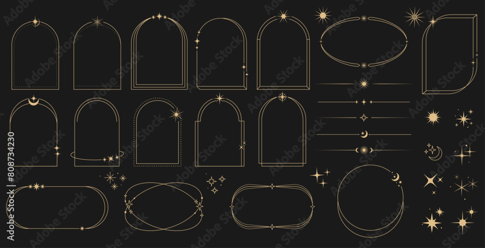 Poster celestial frame, arch and border, y2k. vector bohemian style arcs, shapes, dividers, circles and ova